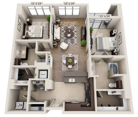 Floor plan for 2 beds, 2 baths, 1295 sqft